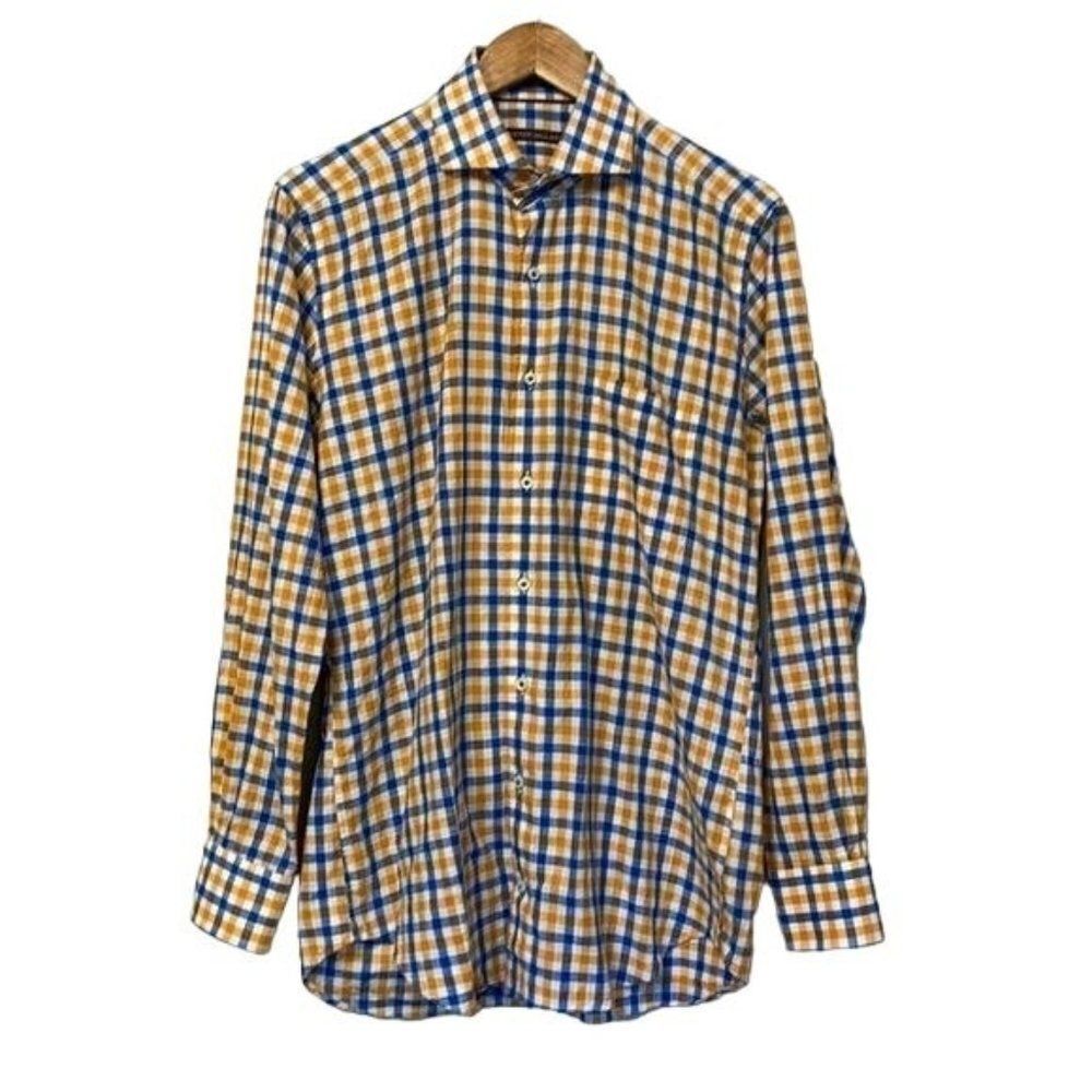 Peter Millar Medium Long Sleeve Cotton Orange & Blue Plaid Dress Shirt Button